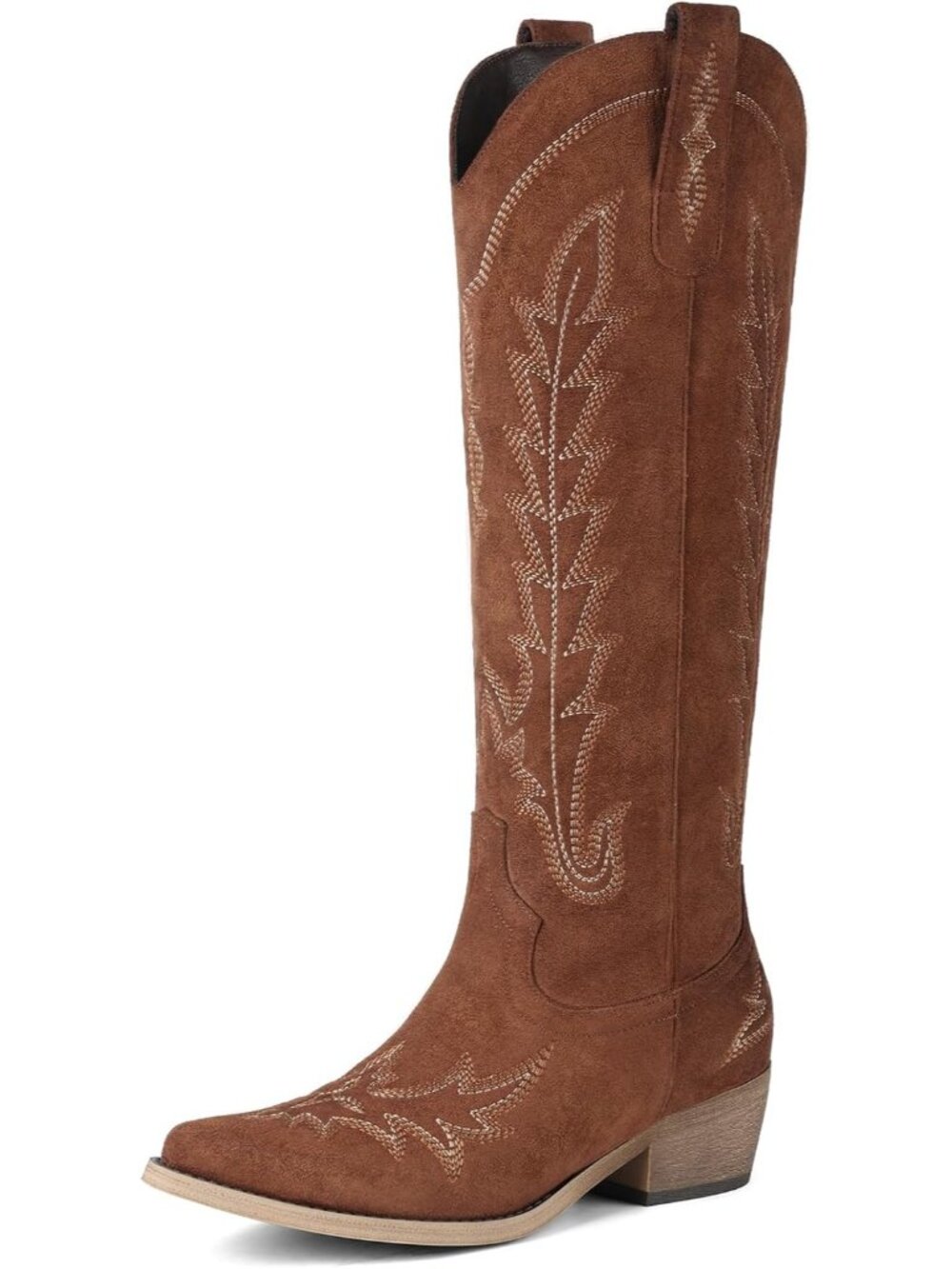Women's Brown Suede Pointed Toe Chunky Heel Pull On Zipper Western Cowgirl Boots